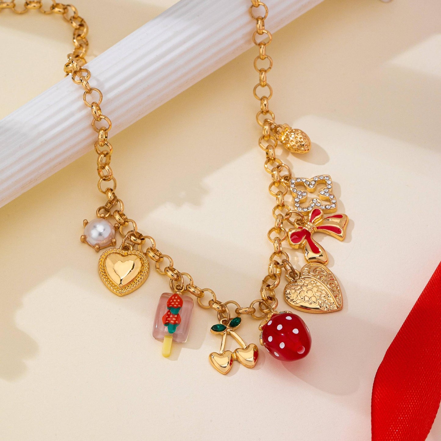 Strawberry Bow Heart Cherry Multi Charm Necklace in Gold Plating