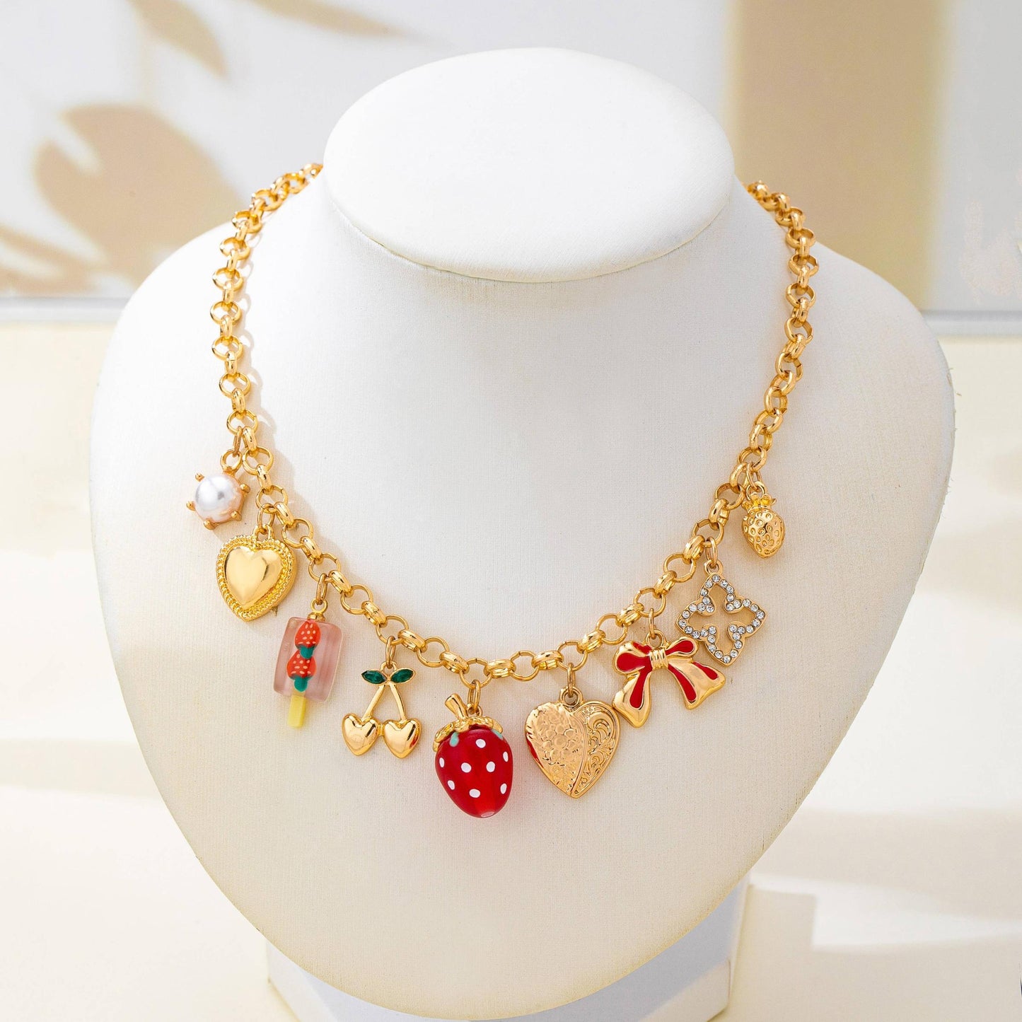 Strawberry Bow Heart Cherry Multi Charm Necklace in Gold Plating