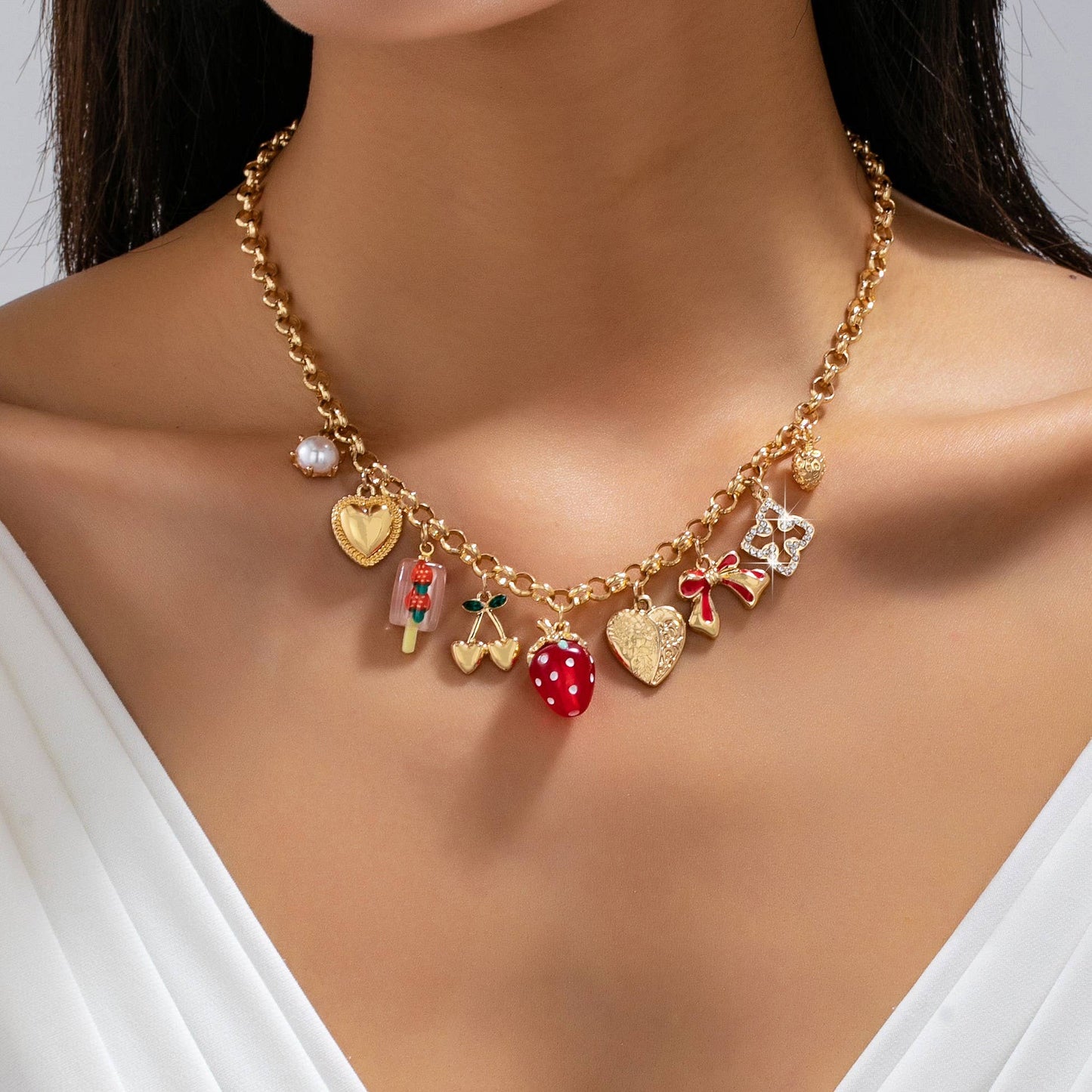 Strawberry Bow Heart Cherry Multi Charm Necklace in Gold Plating