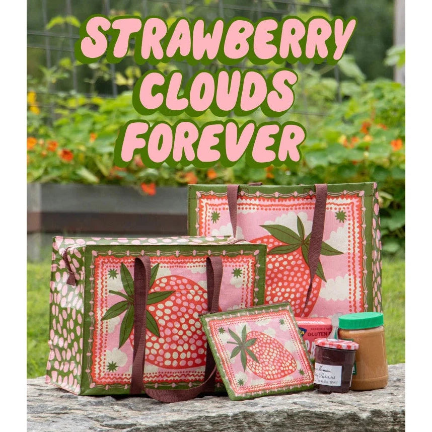 Strawberry Clouds Shoulder Tote bag | Carry-all Zippered Recycle Bag | 15" x 11" | BlueQ at GetBullish