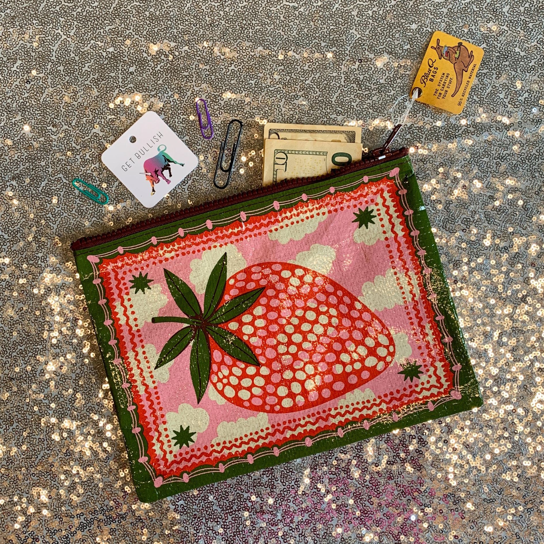 Strawberry Clouds Zipper Pouch | Storage Case Organizer | 9.5" x 7.25" | BlueQ at GetBullish