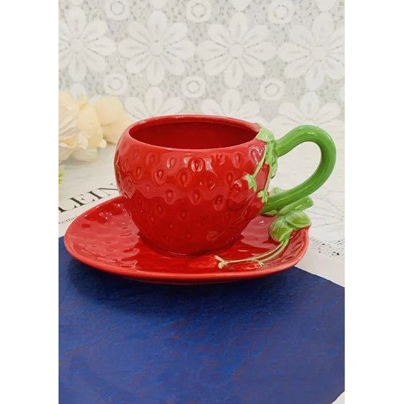 Strawberry Cup & Saucer Ceramic Set in Red | Graphic Coffee Lover Gift Set