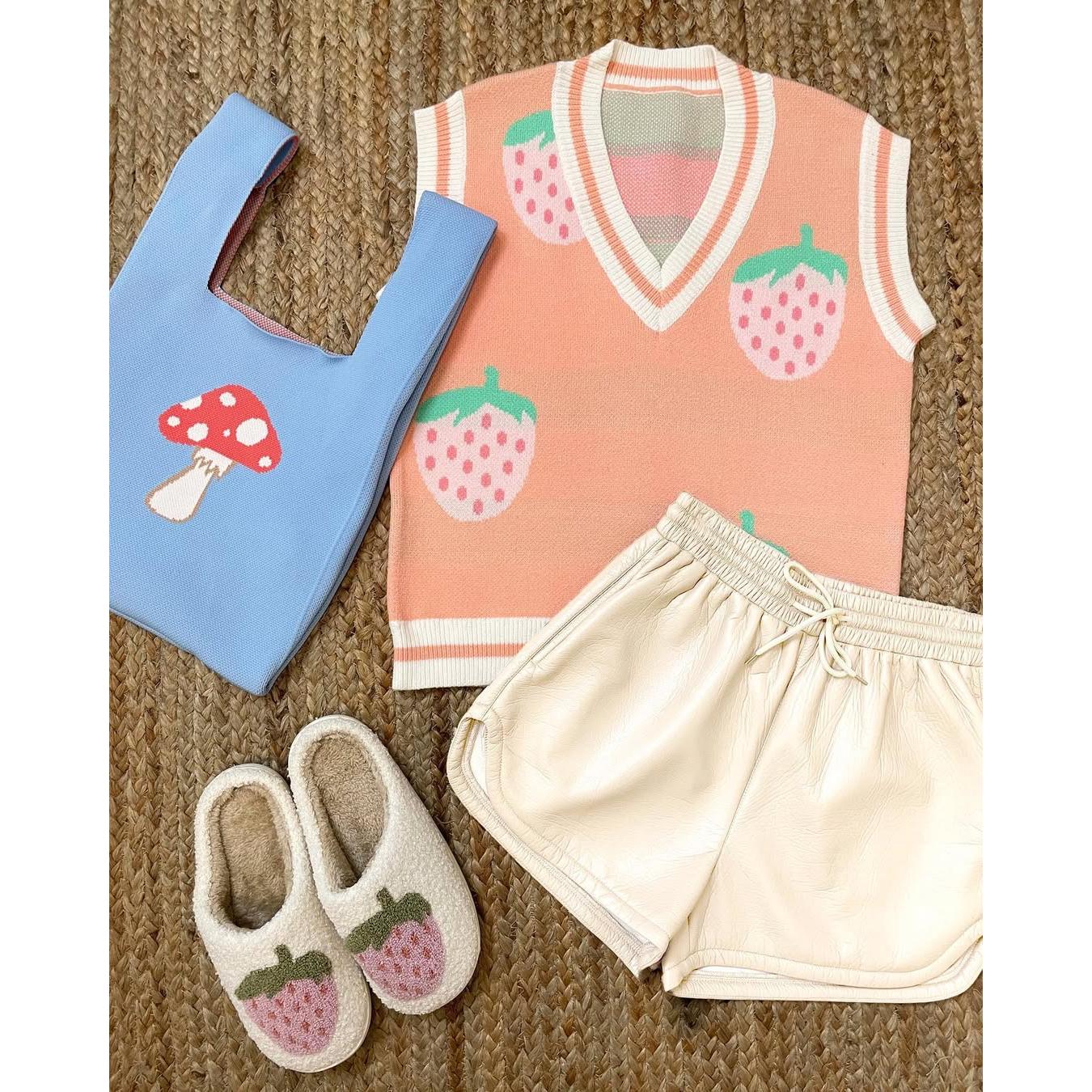Strawberry Knit Vest in Pink | Sleeveless V-Neck Sweater Vest with Original Intarsia Design [SM–XL]