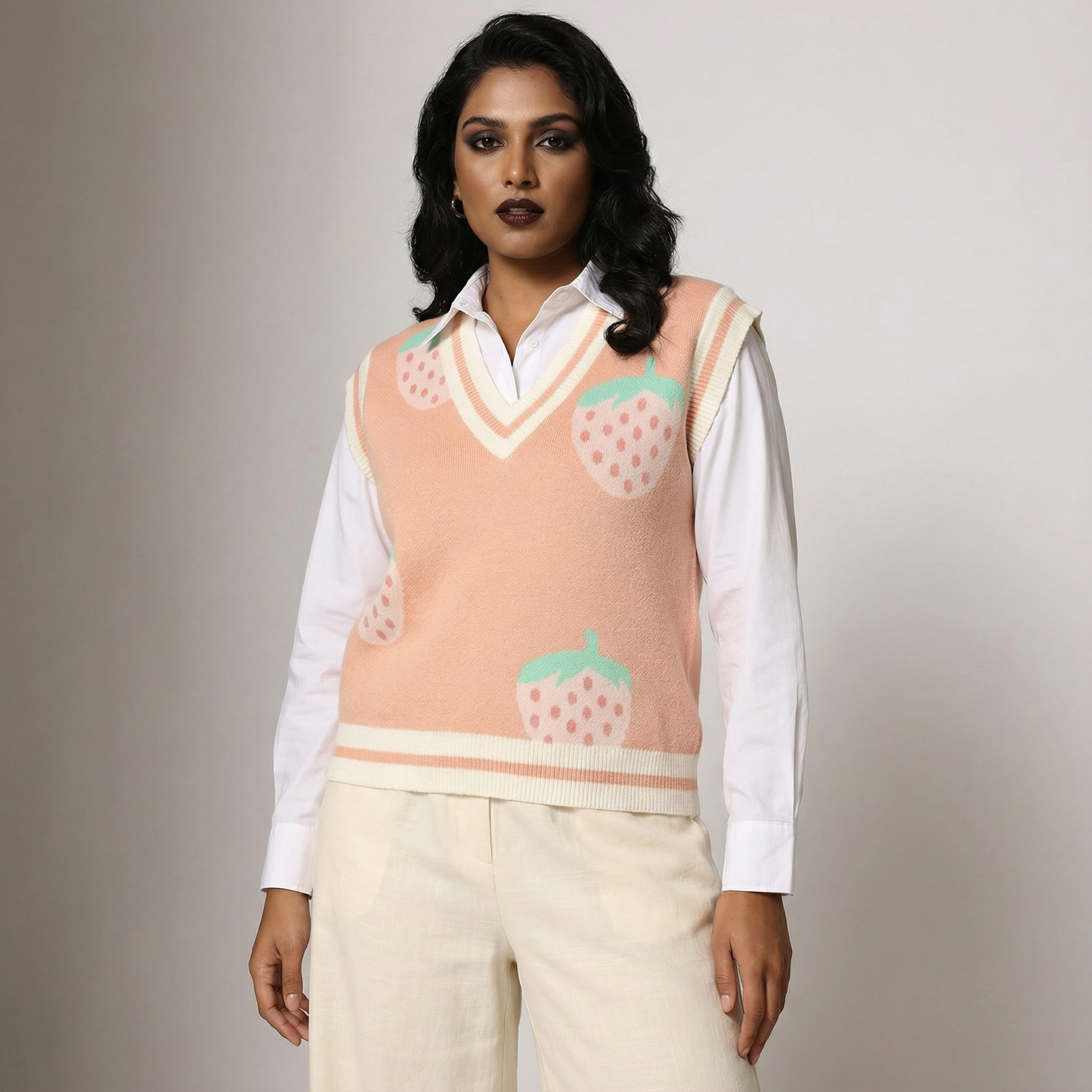 Strawberry Knit Vest in Pink | Sleeveless V-Neck Sweater Vest with Original Intarsia Design [SM–XL]