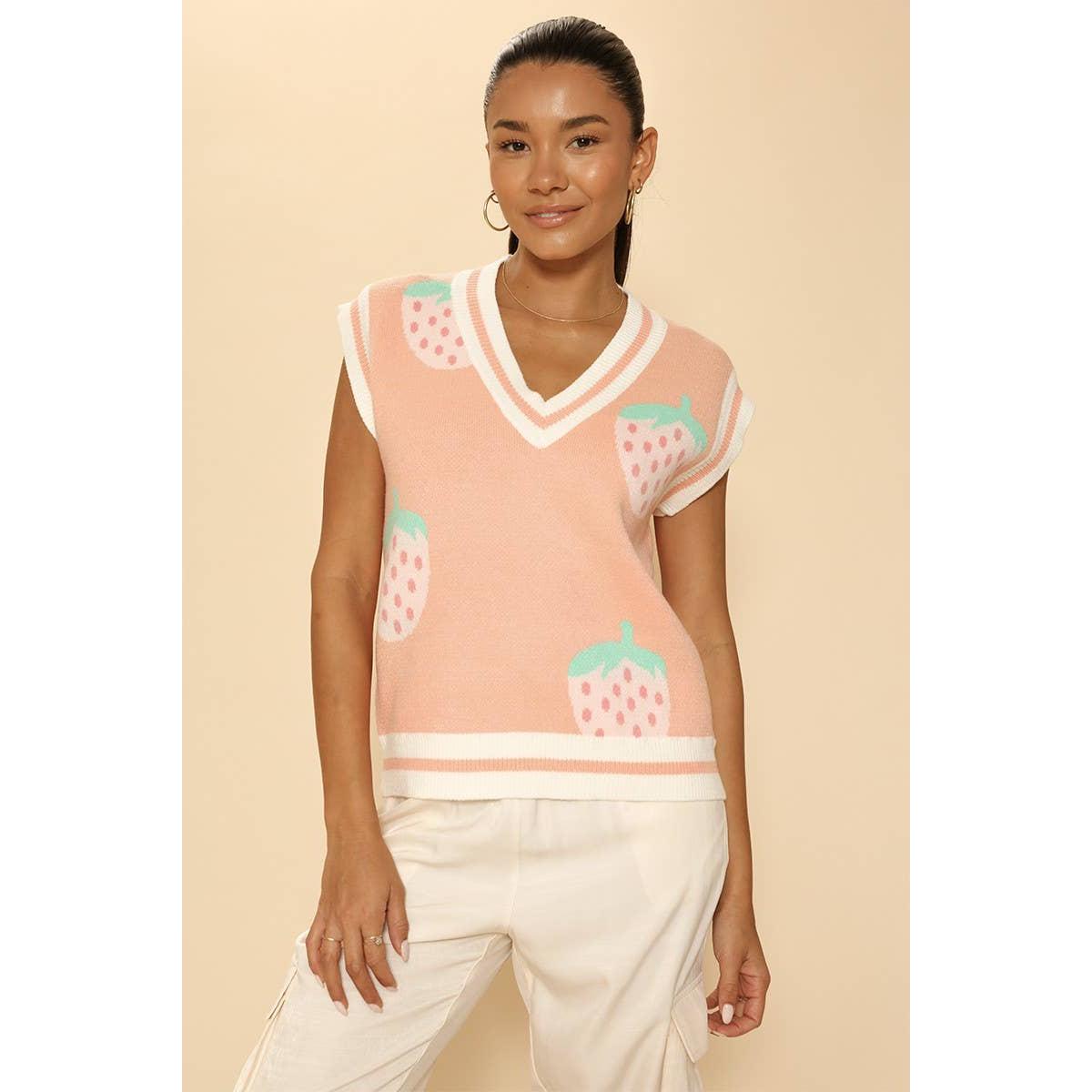 Strawberry Knit Vest in Pink | Sleeveless V-Neck Sweater Vest with Original Intarsia Design [SM–XL]