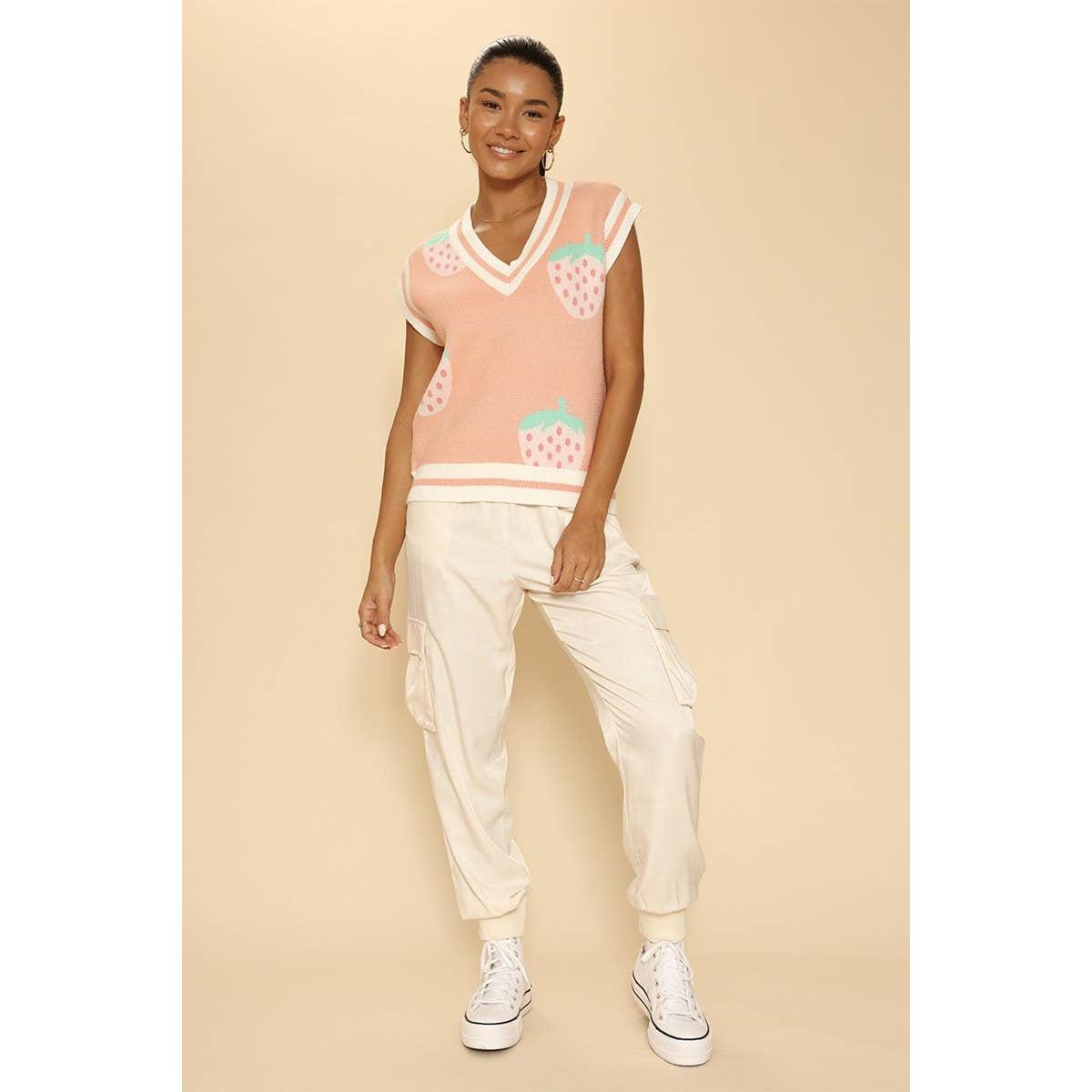 Strawberry Knit Vest in Pink | Sleeveless V-Neck Sweater Vest with Original Intarsia Design [SM–XL]