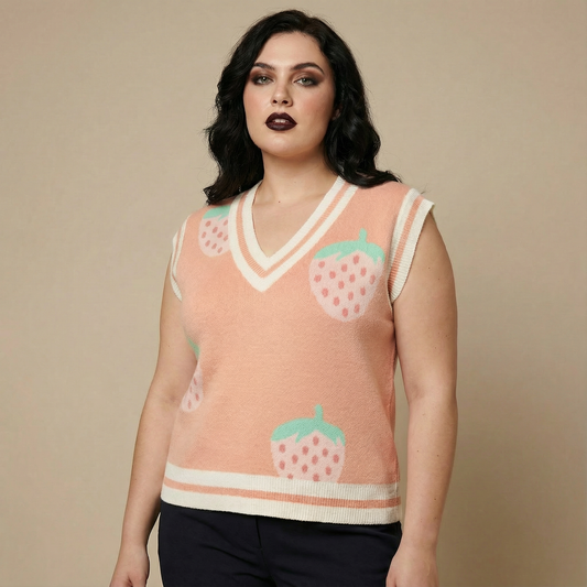 Strawberry Knit Vest in Pink | Sleeveless V-Neck Sweater Vest with Original Intarsia Design [SM–XL]