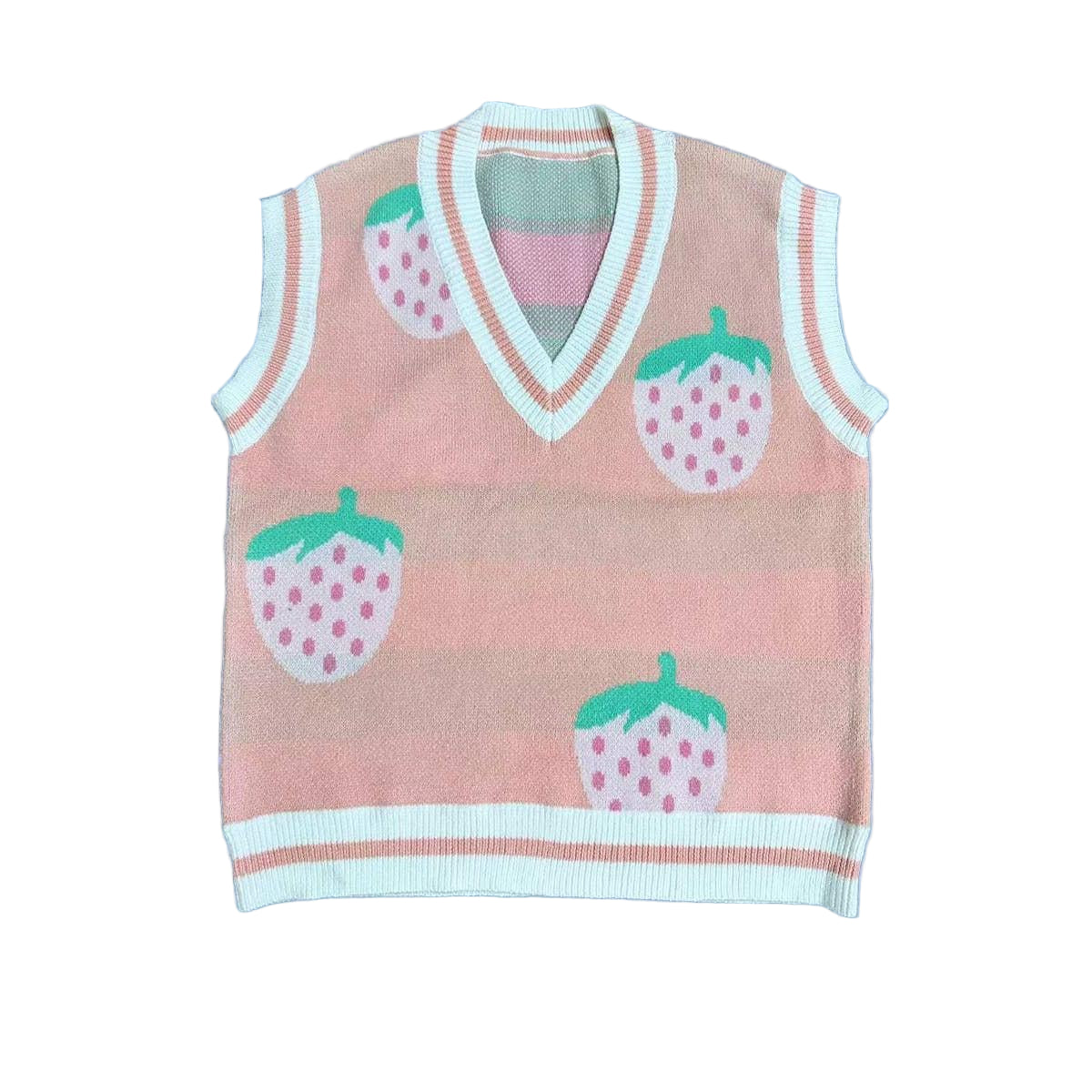 Strawberry Knit Vest in Pink | Sleeveless V-Neck Sweater Vest with Original Intarsia Design [SM–XL]