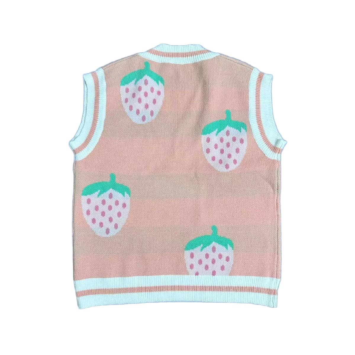 Strawberry Knit Vest in Pink | Sleeveless V-Neck Sweater Vest with Original Intarsia Design [SM–XL]