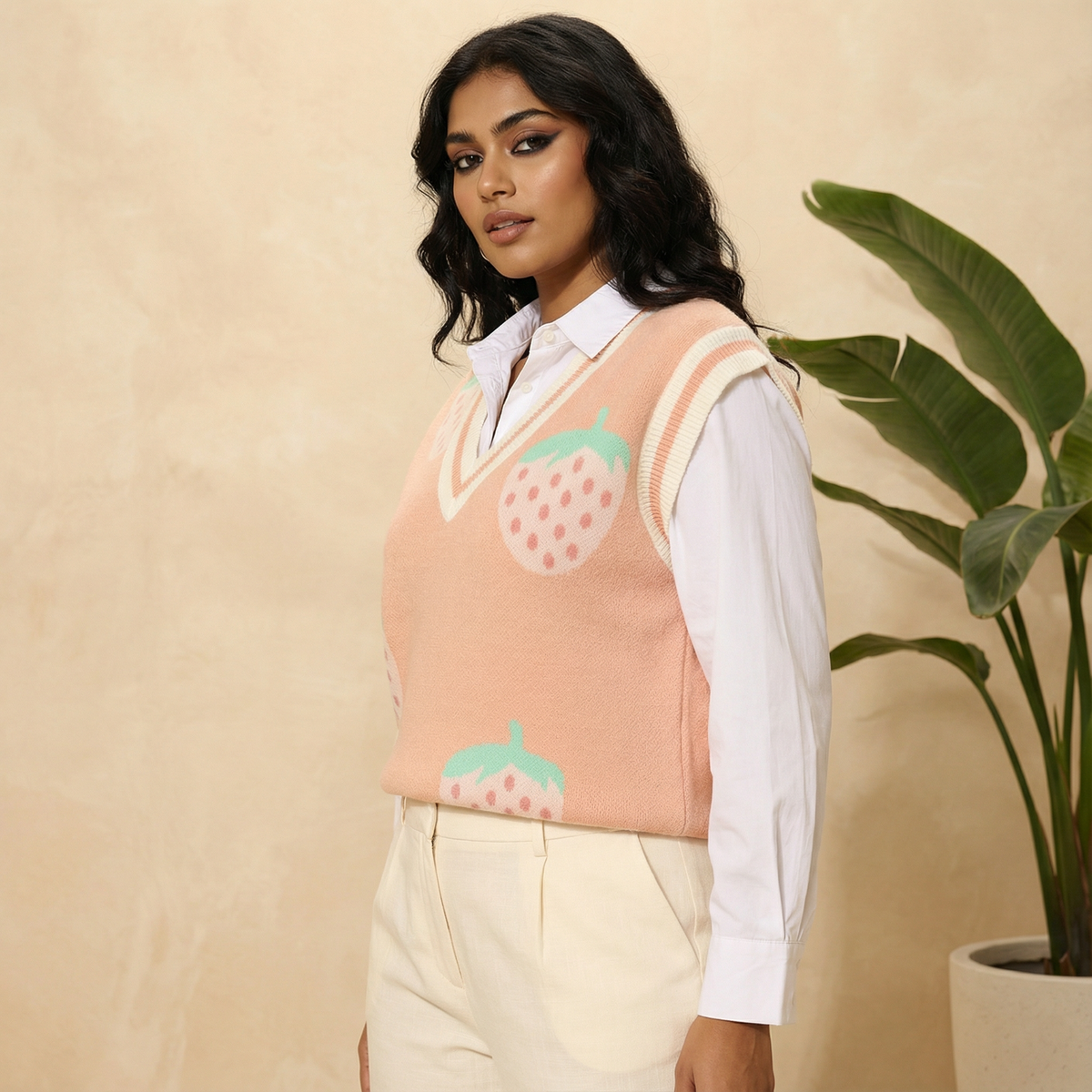 Strawberry Knit Vest in Pink | Sleeveless V-Neck Sweater Vest with Original Intarsia Design [SM–XL]