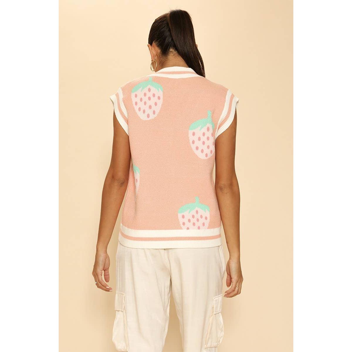 Strawberry Knit Vest in Pink | Sleeveless V-Neck Sweater Vest with Original Intarsia Design [SM–XL]