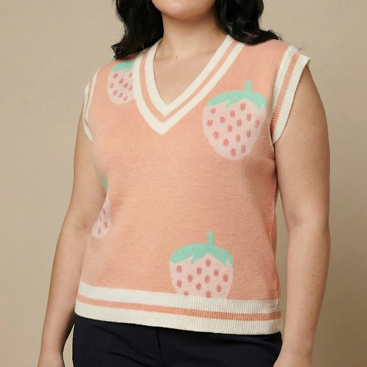 Strawberry Knit Vest in Pink | Sleeveless V-Neck Sweater Vest with Original Intarsia Design [SM–XL]