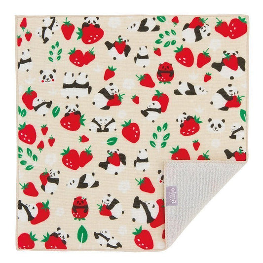 Strawberry Panda Bear Imabari Hankie Handkerchief Petite Gift | Reusable Cloth Napkin, Etc.