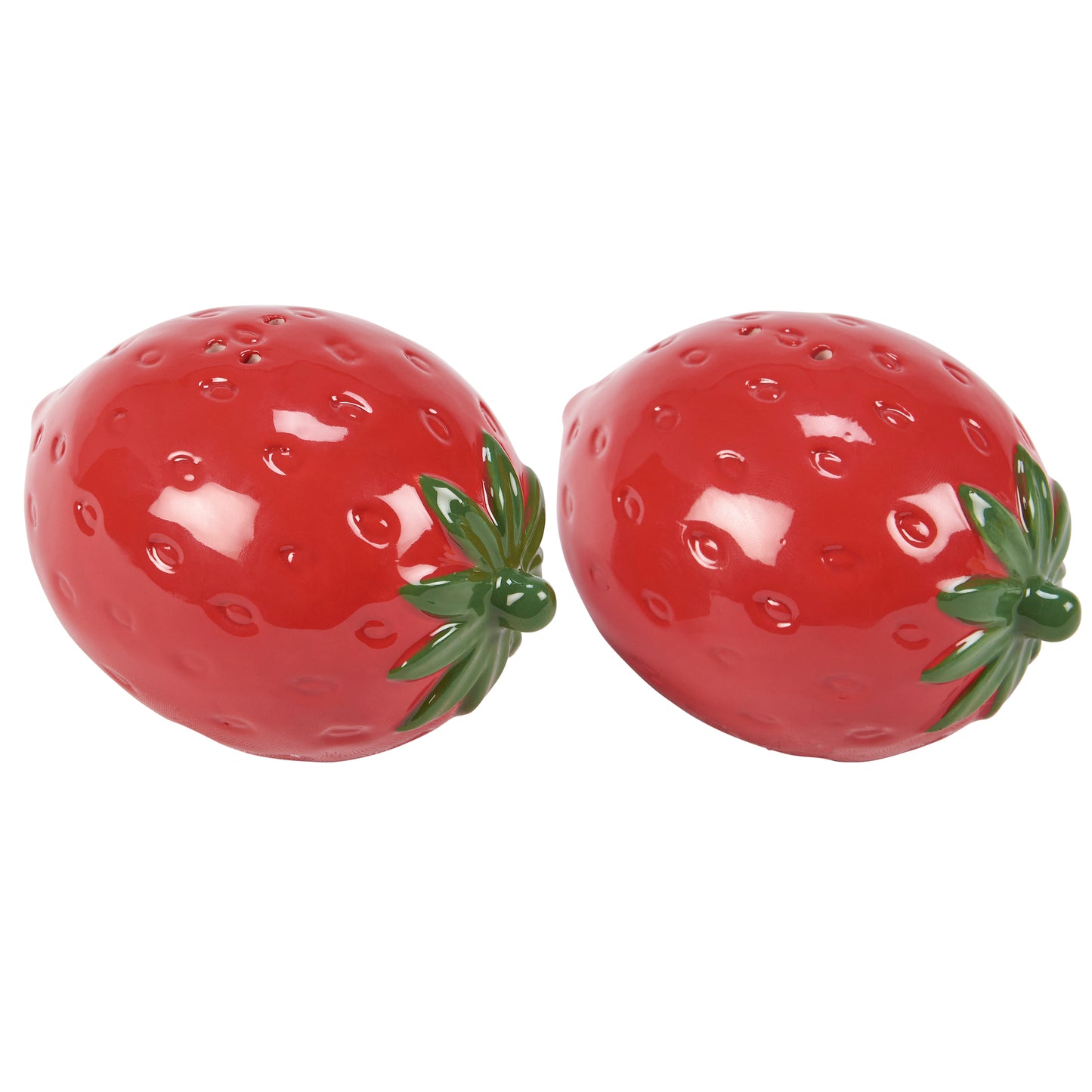 Two red strawberry-shaped salt and pepper shakers with green stems on a white background