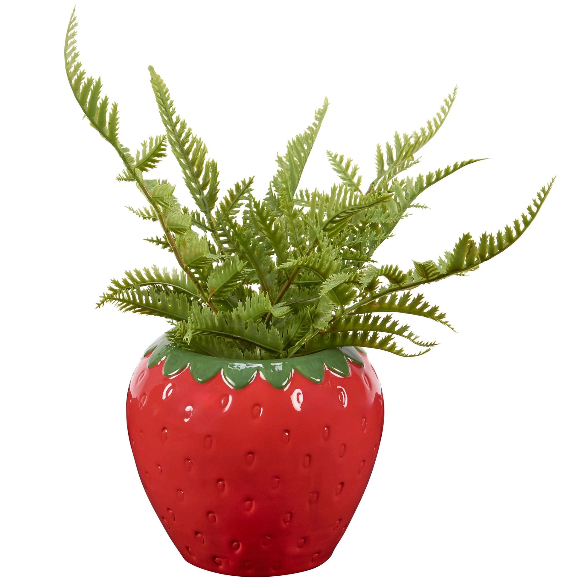Red strawberry-shaped planter with a green fern