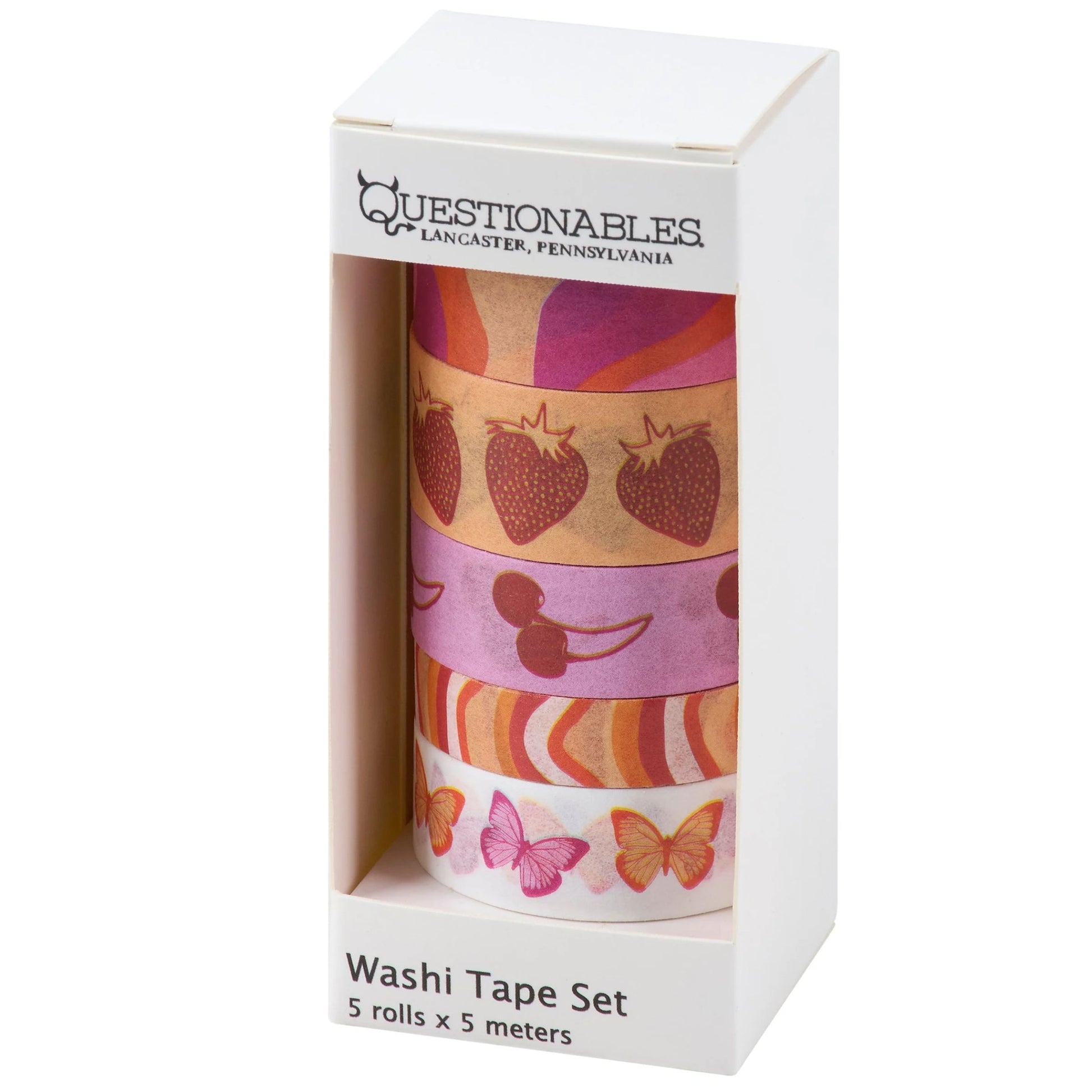 Washi tape set with colorful designs in a white box packaging, featuring the brand 'Questionables'.