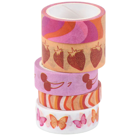 Five rolls of decorative tape with strawberry, butterfly, and other designs on a white background.