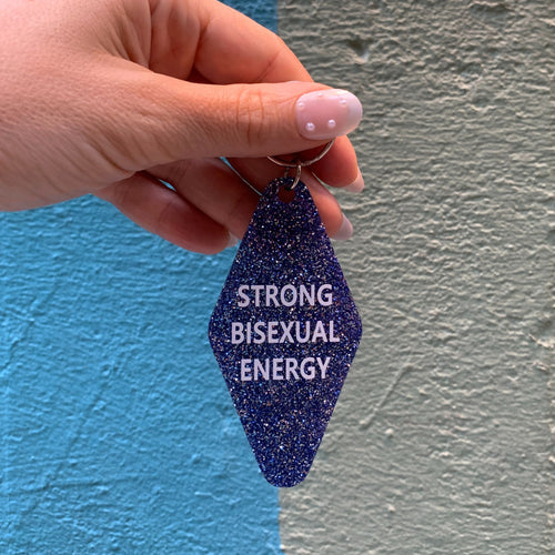 Strong Bisexual Energy Motel Style Keychain in Dark Blue Glitter