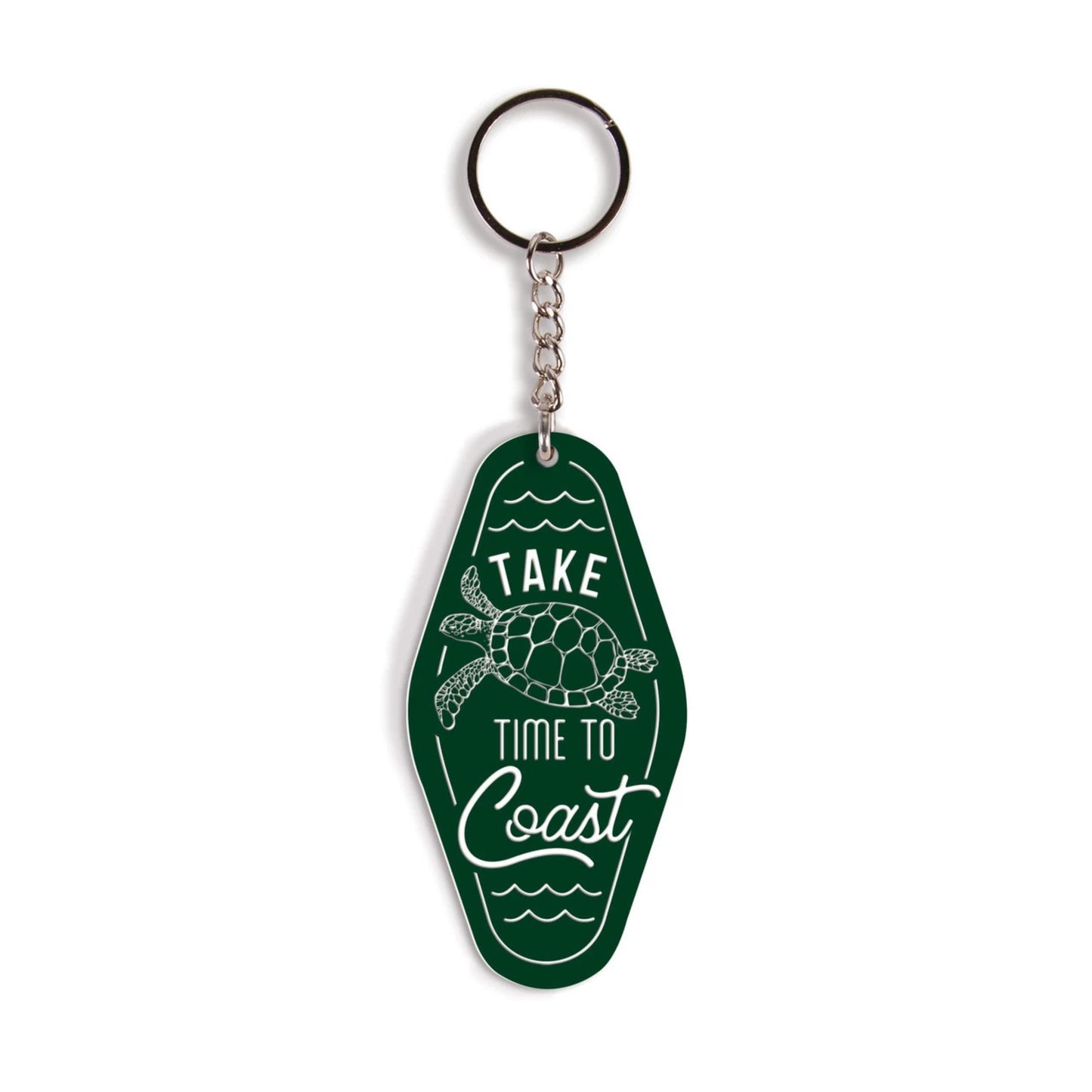Keychain with turtle design and 'Take time to coast' text on a white background