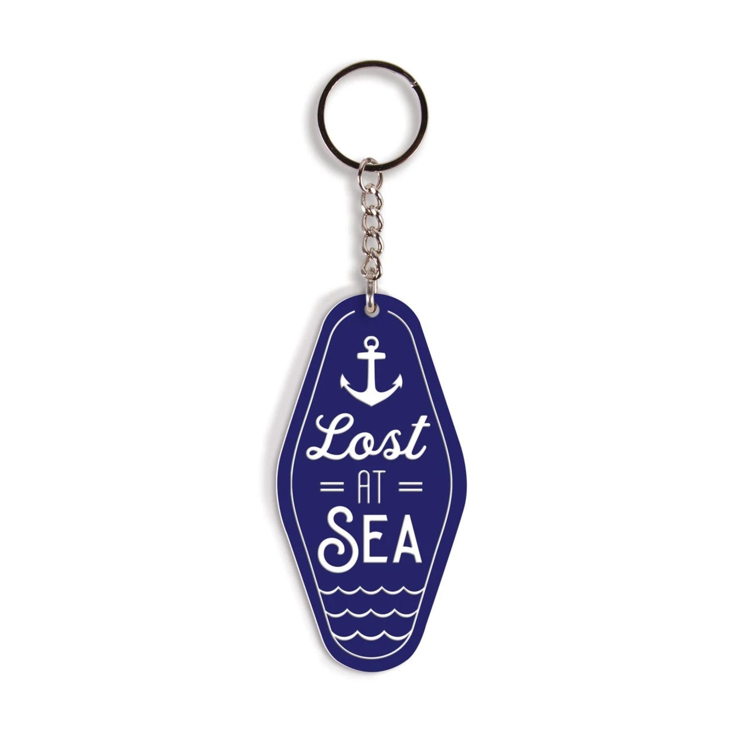 Keychain with 'Lost at Sea' text and anchor design on a white background