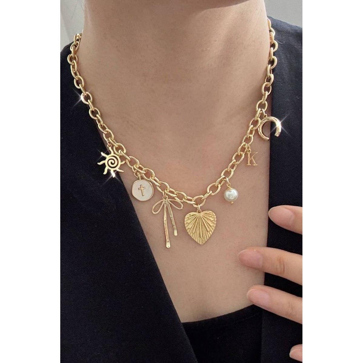 Sun Coquettecore Bow Pearl Cross Disc U-Shaped Charm Necklace in Gold Plating