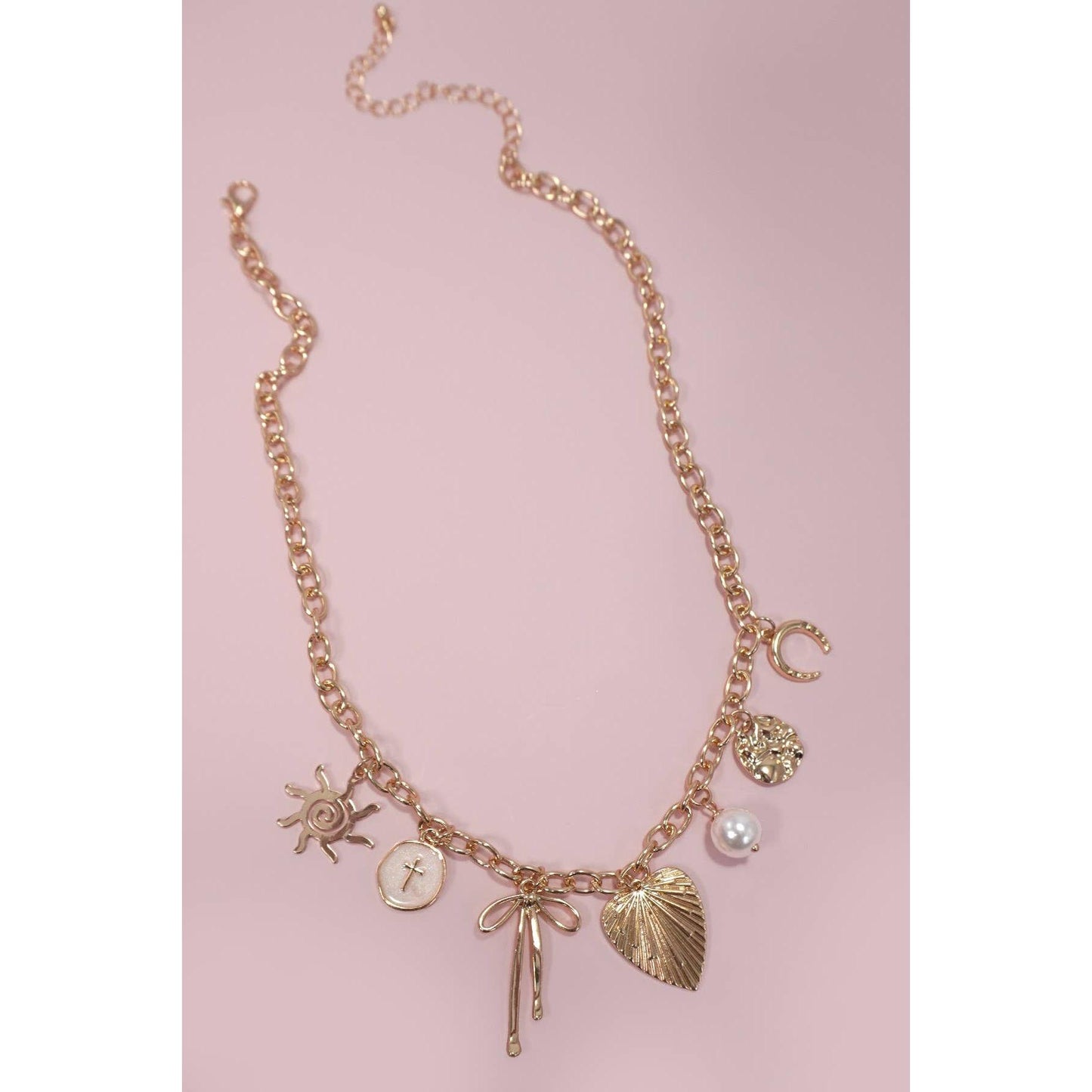 Sun Coquettecore Bow Pearl Cross Disc U-Shaped Charm Necklace in Gold Plating