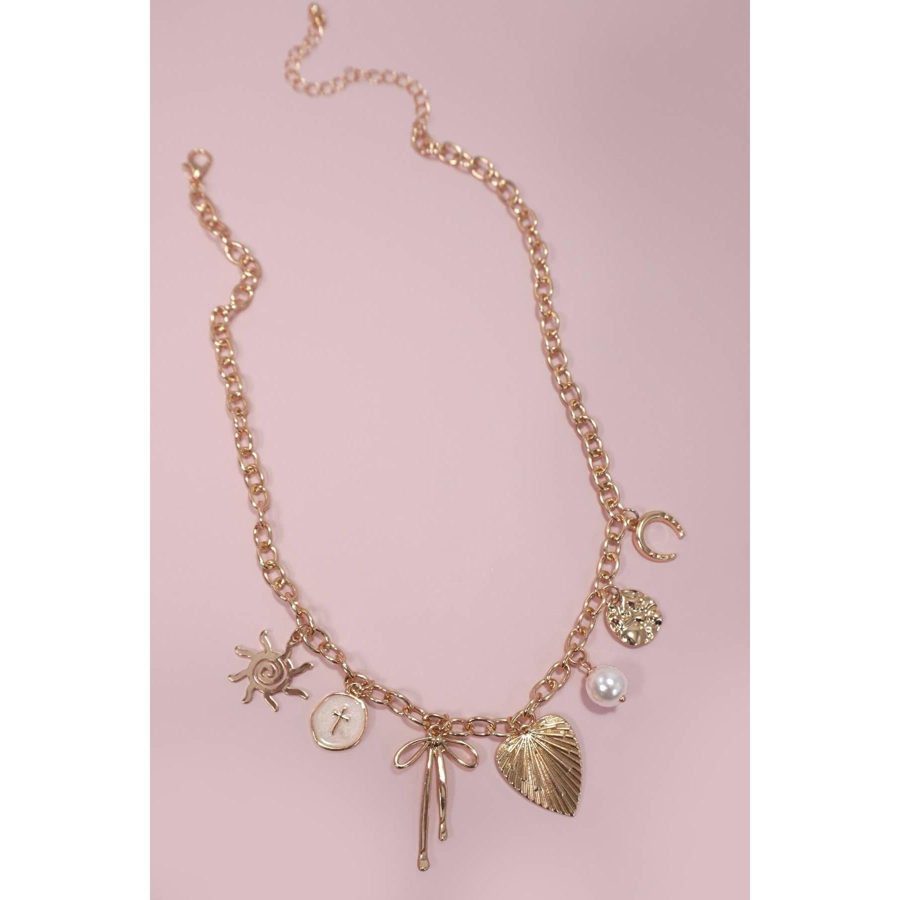 Sun Coquettecore Bow Pearl Cross Disc U-Shaped Charm Necklace in Gold Plating