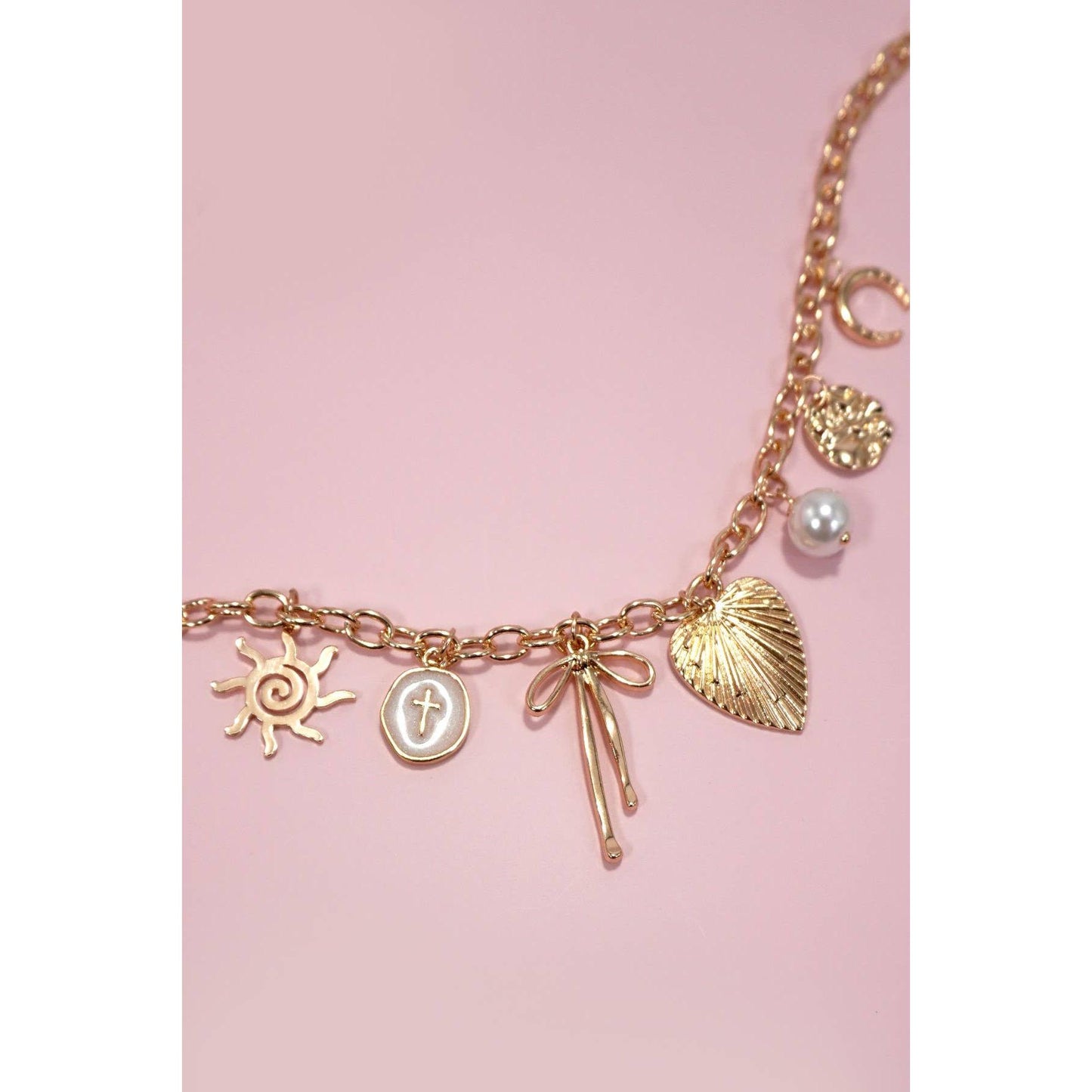 Sun Coquettecore Bow Pearl Cross Disc U-Shaped Charm Necklace in Gold Plating