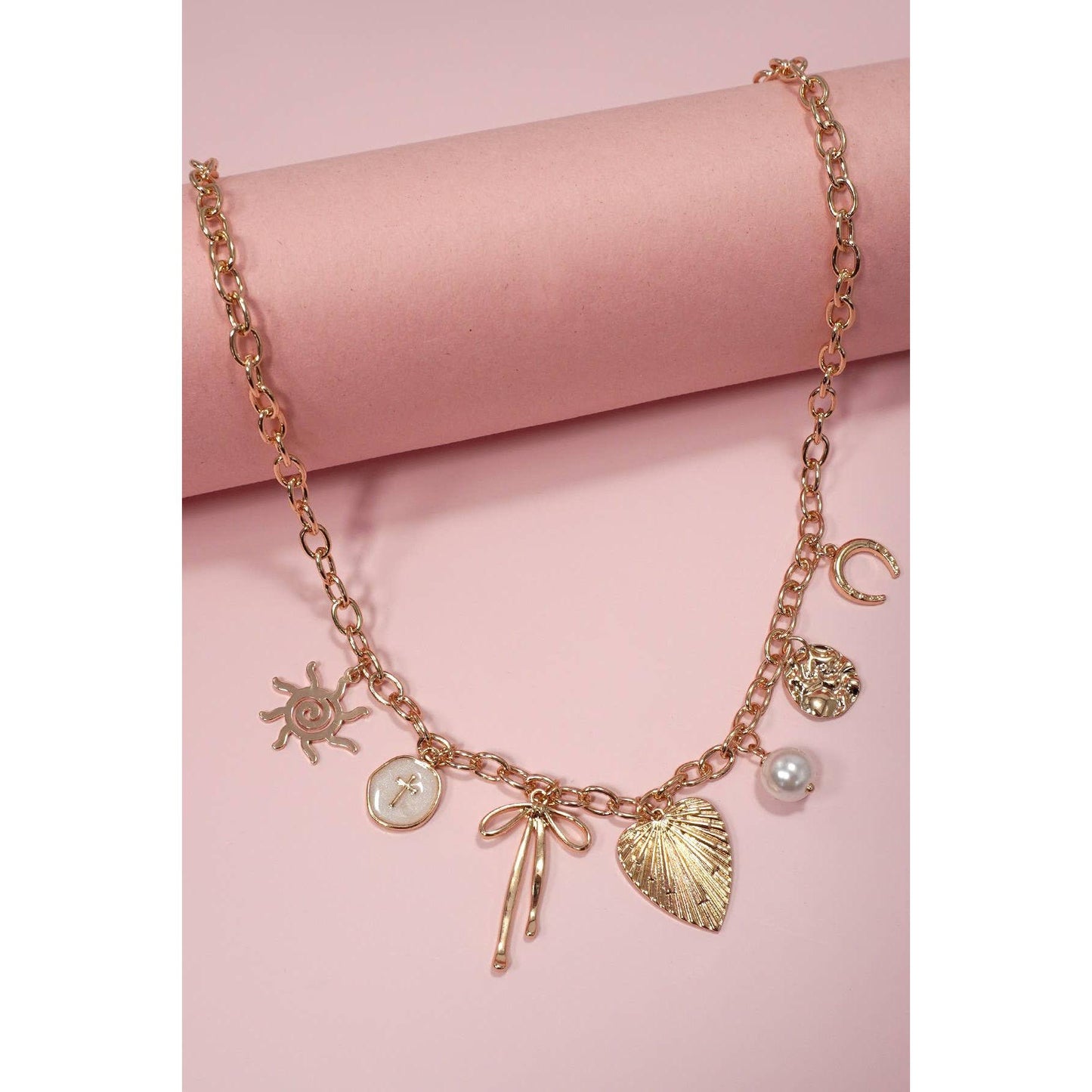 Sun Coquettecore Bow Pearl Cross Disc U-Shaped Charm Necklace in Gold Plating