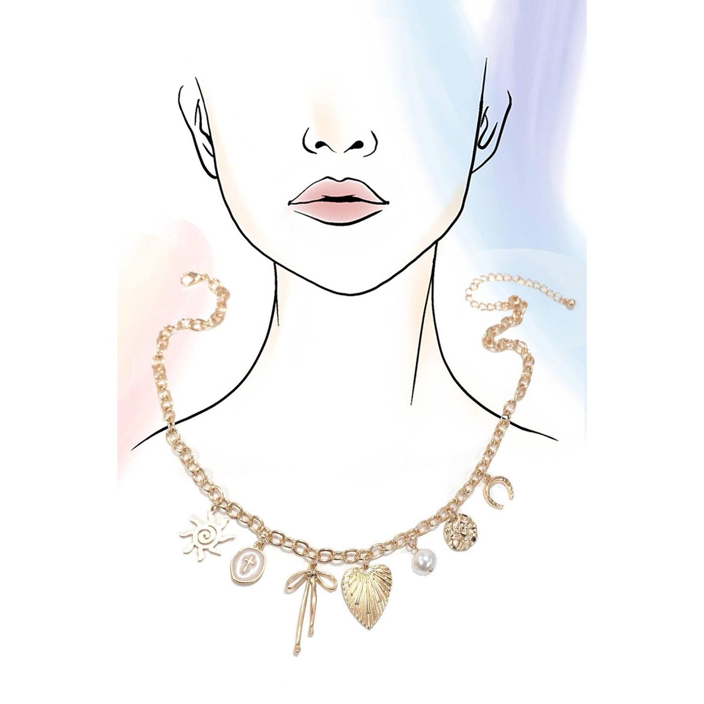 Sun Coquettecore Bow Pearl Cross Disc U-Shaped Charm Necklace in Gold Plating