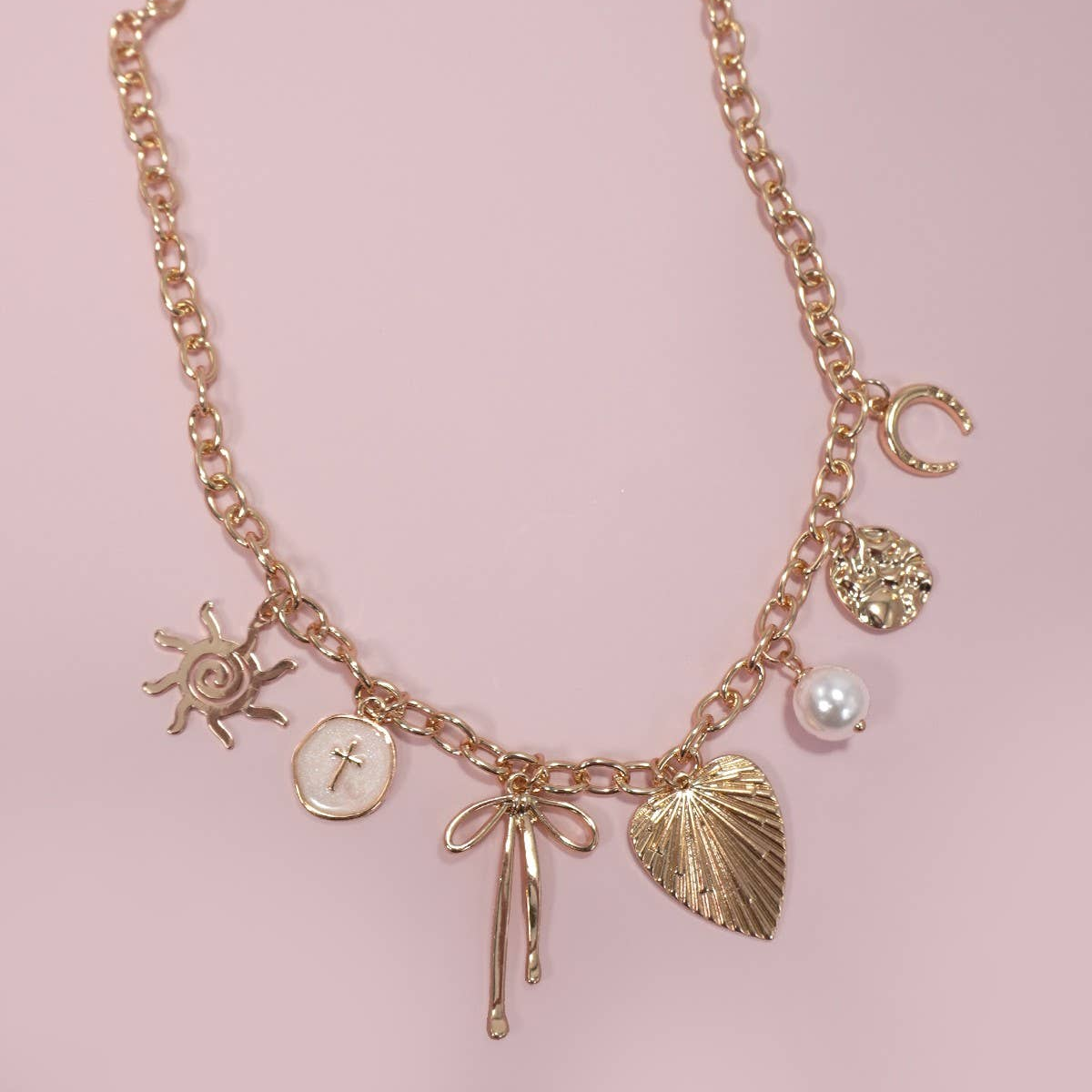 Sun Coquettecore Bow Pearl Cross Disc U-Shaped Charm Necklace in Gold Plating