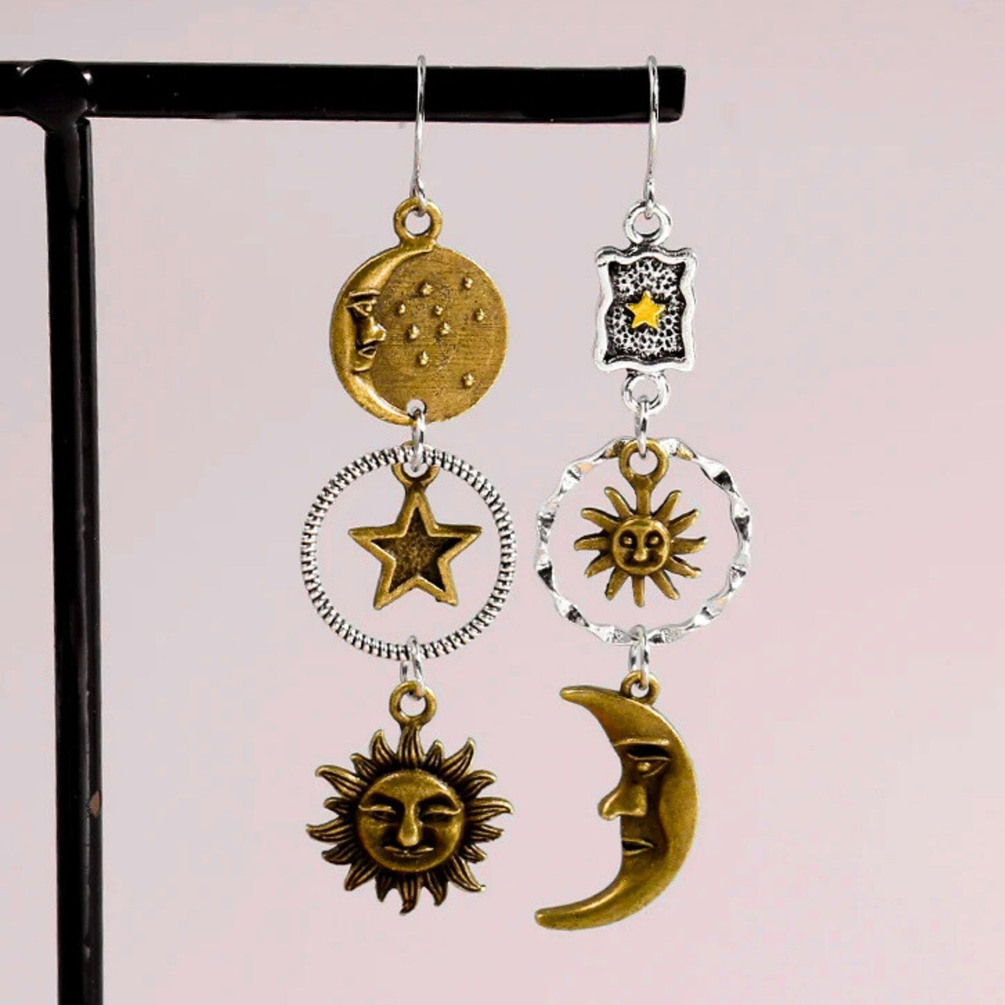 Sun and Moon Celestial Charm Earrings | Dangle Earrings 2.75" Long Boho Jewelry