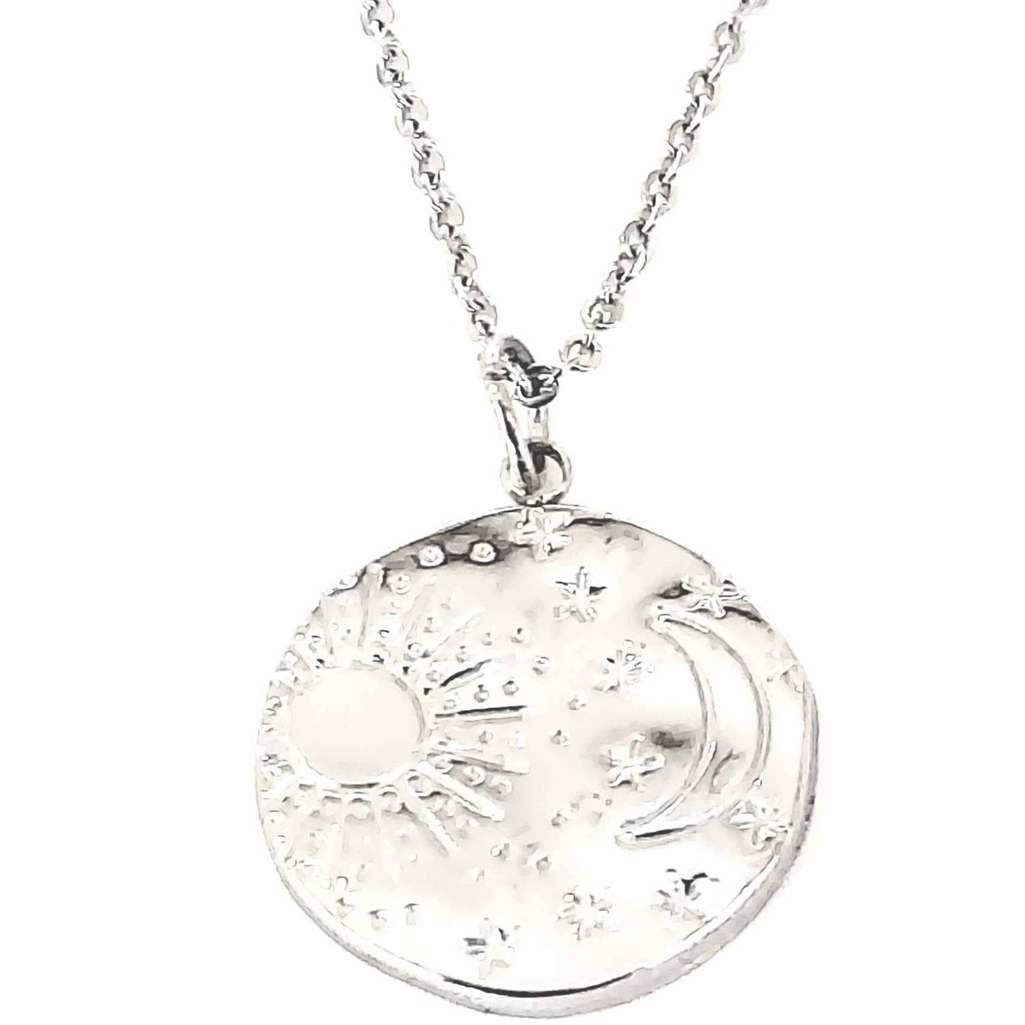 Sun and Stars Uneven Medallion Stainless Steel Necklace | Pretty Silver Pendant on Chain