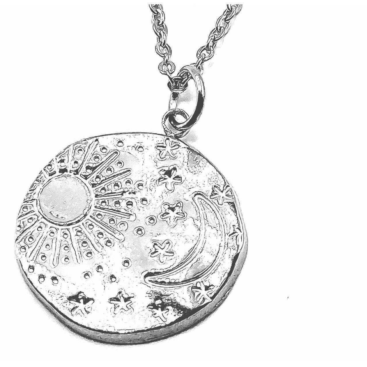 Sun and Stars Uneven Medallion Stainless Steel Necklace | Pretty Silver Pendant on Chain