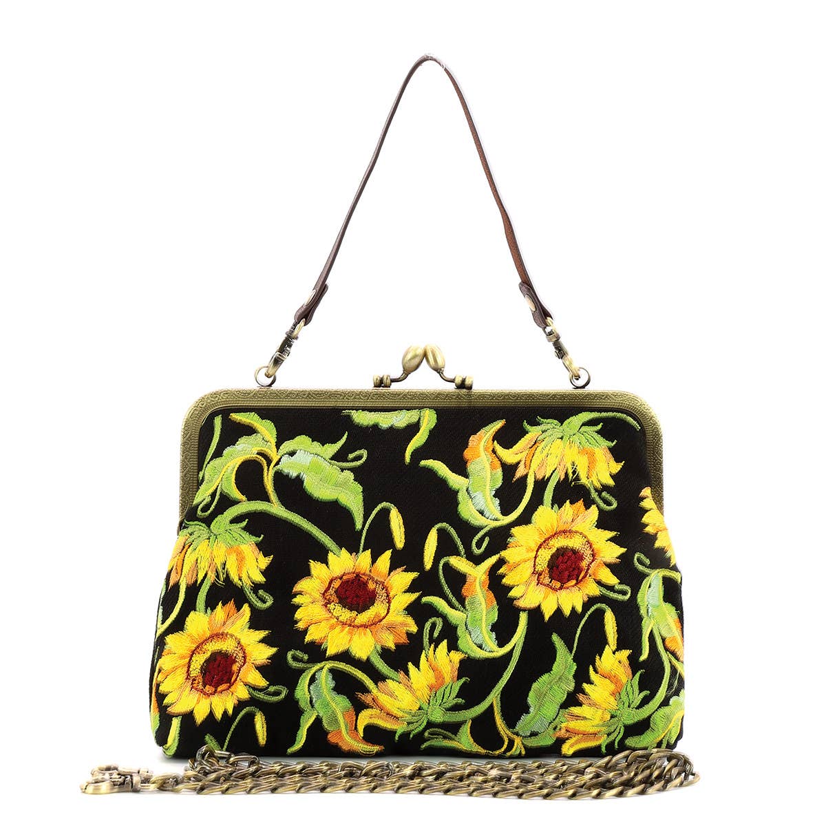 Sunflower Kisslock Bag | Embroidered Vintage Floral Handbag with Detachable Straps