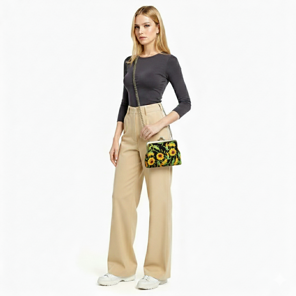 Sunflower Kisslock Bag | Embroidered Vintage Floral Handbag with Detachable Straps