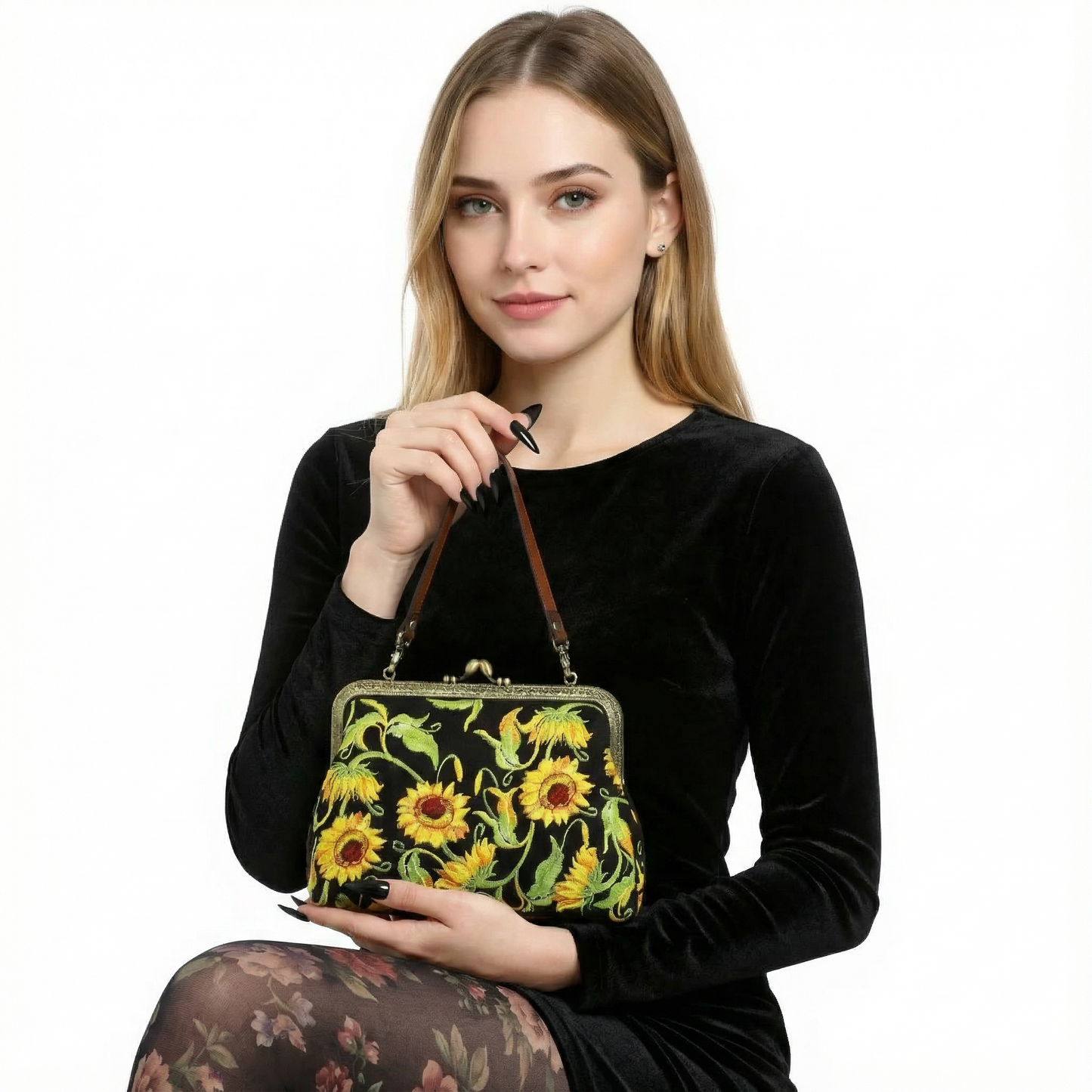 Sunflower Kisslock Bag | Embroidered Vintage Floral Handbag with Detachable Straps