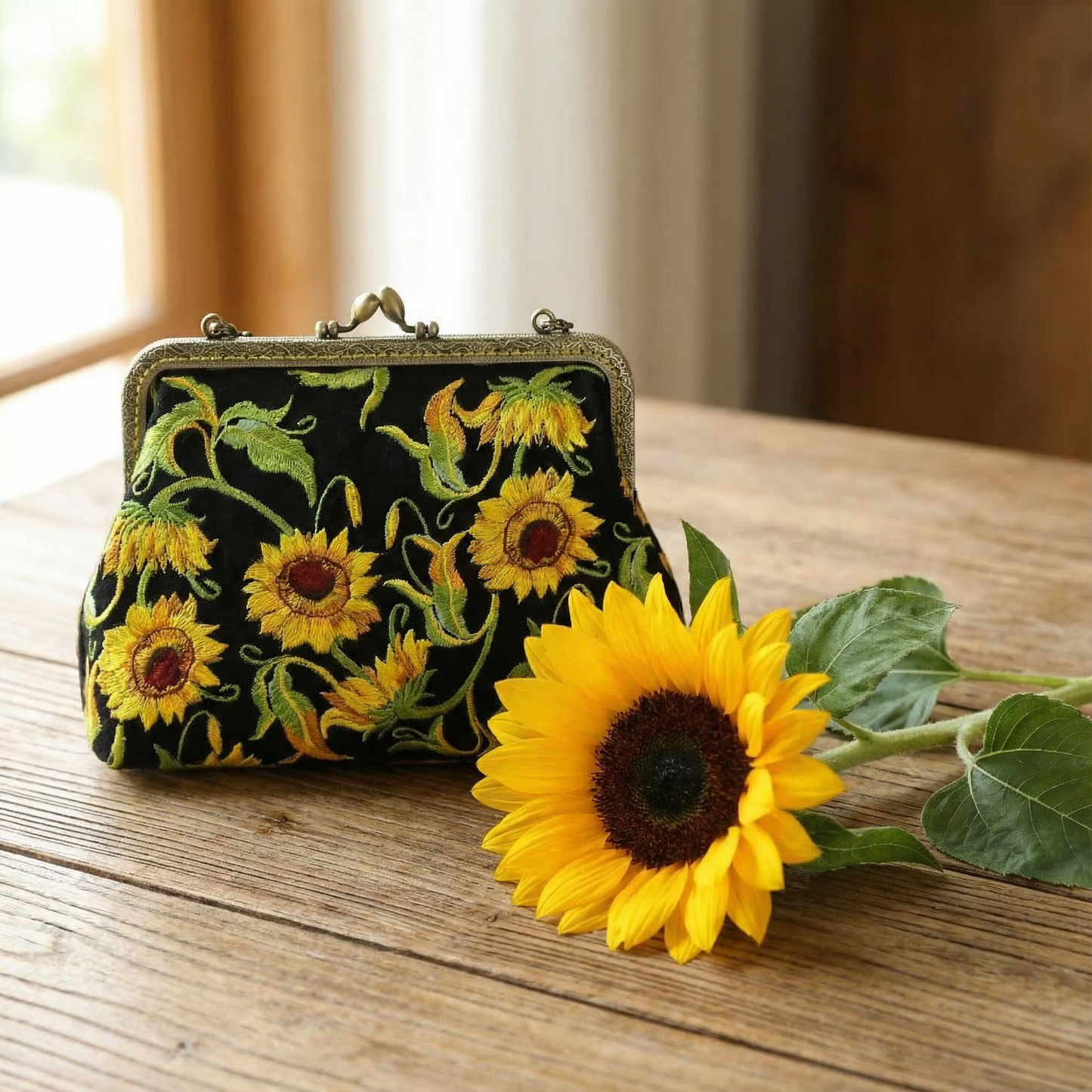 Sunflower Kisslock Bag | Embroidered Vintage Floral Handbag with Detachable Straps
