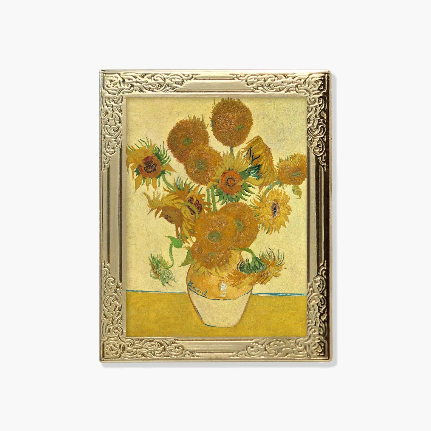 Lapel pin of a framed artwork of sunflowers
