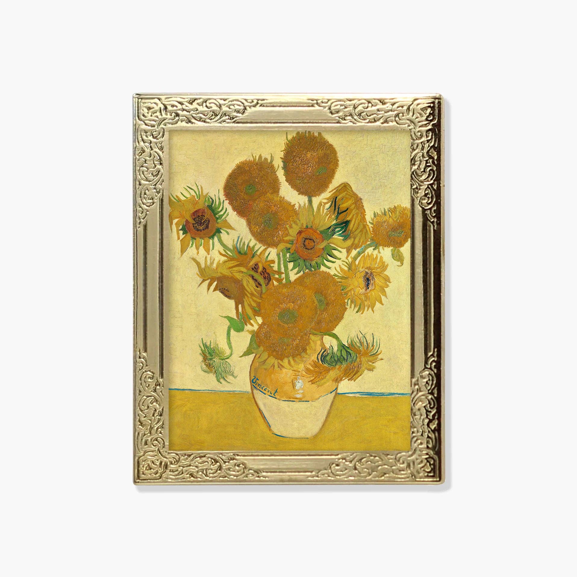 Lapel pin of a framed artwork of sunflowers