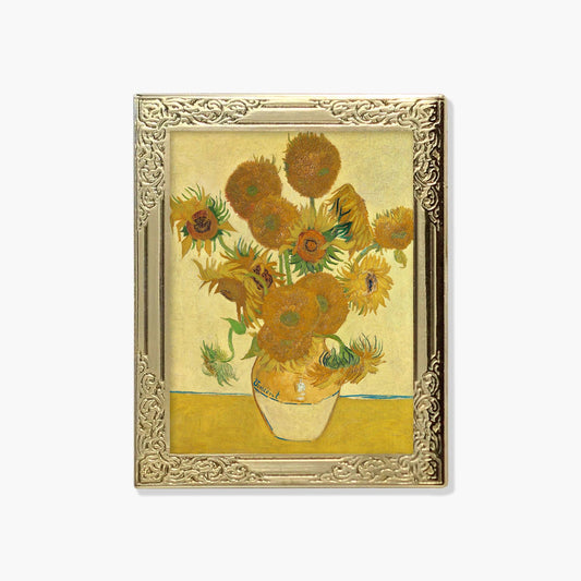 Lapel pin of a framed artwork of sunflowers