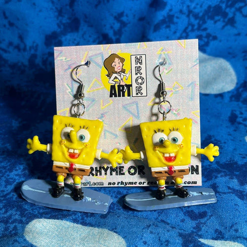 Surfboarding Spongebob Earrings | Miniature Dangle Fashion Jewelry