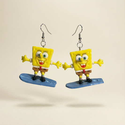 Surfboarding Spongebob Earrings | Miniature Dangle Fashion Jewelry