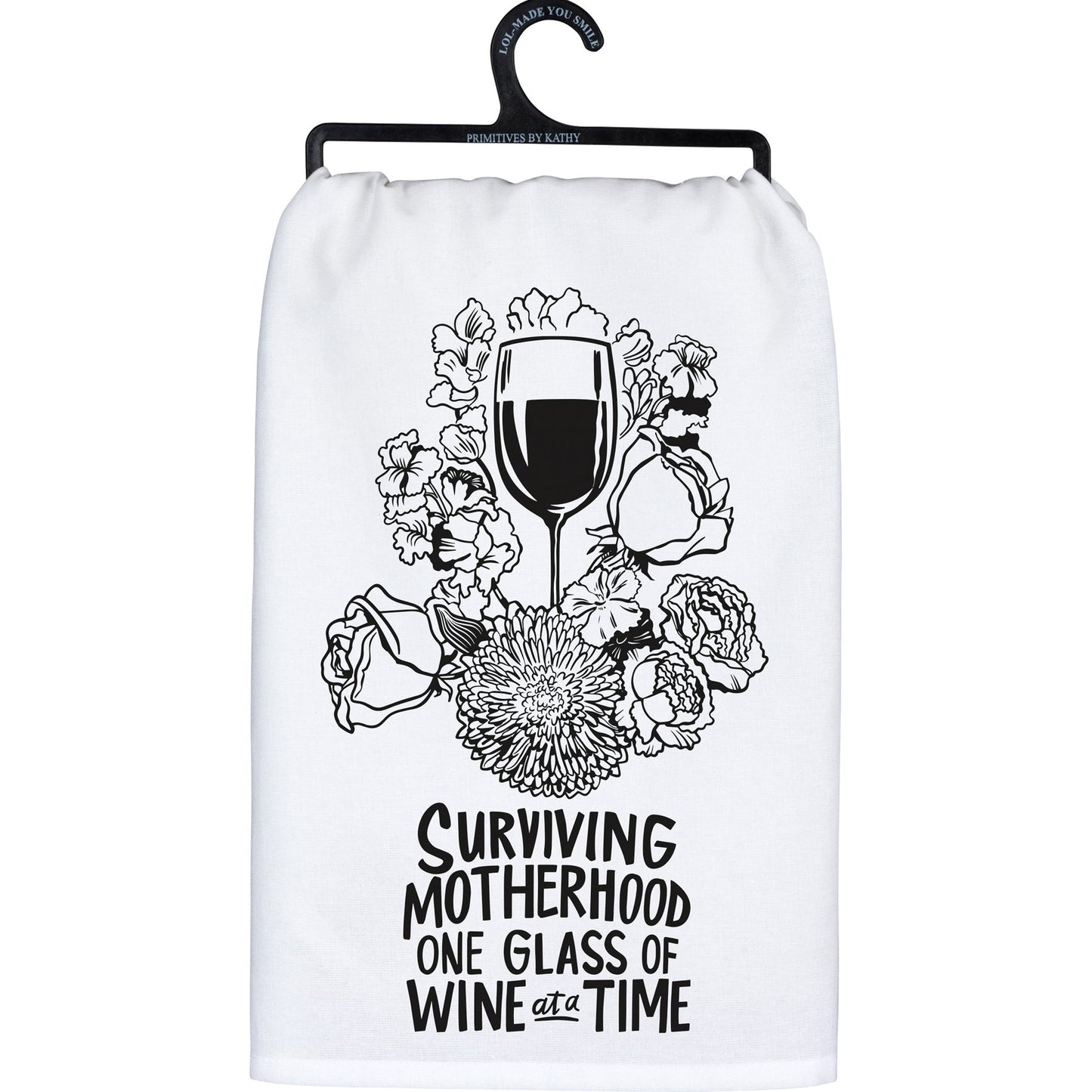 White towel with black floral design and text on a hanger