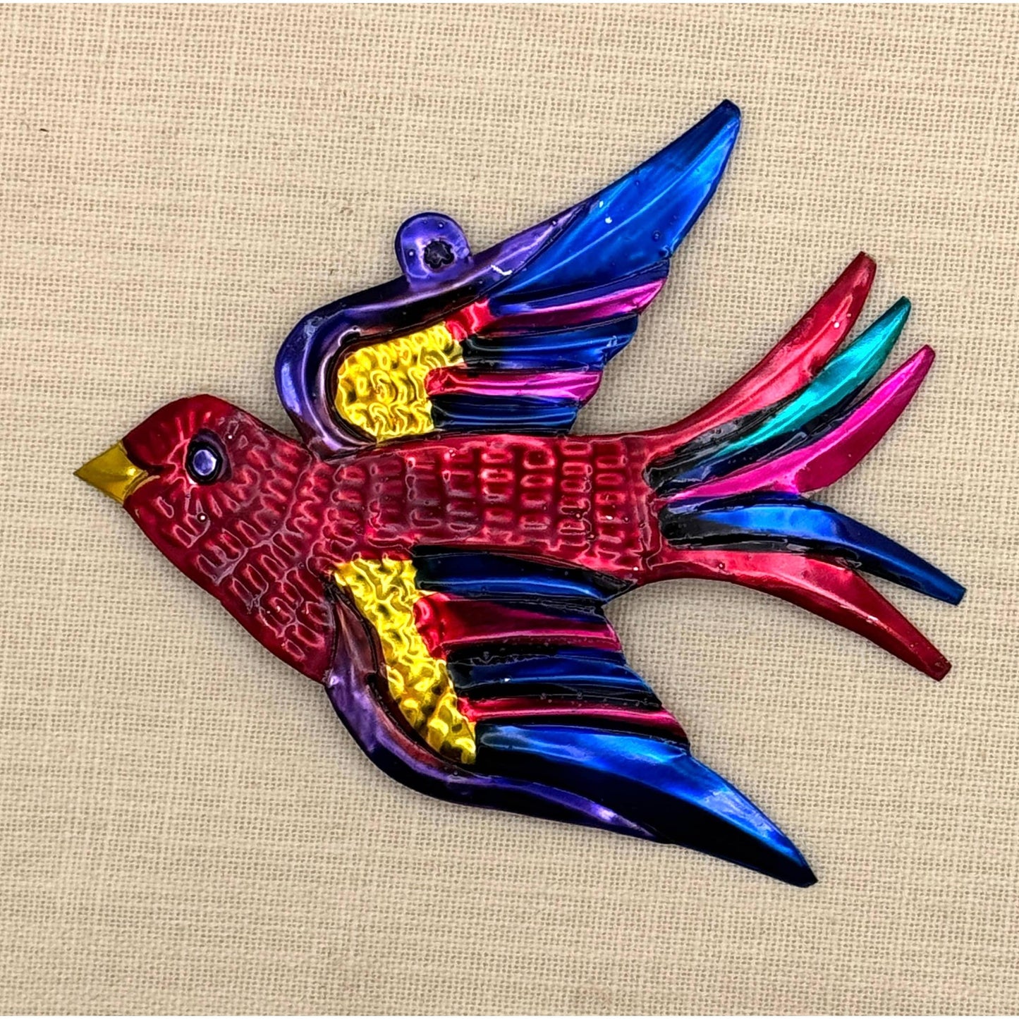 Swallow Tin Ornament | Made in Mexico Hand Painted Colorful Bird Decor | 5'' x 4''
