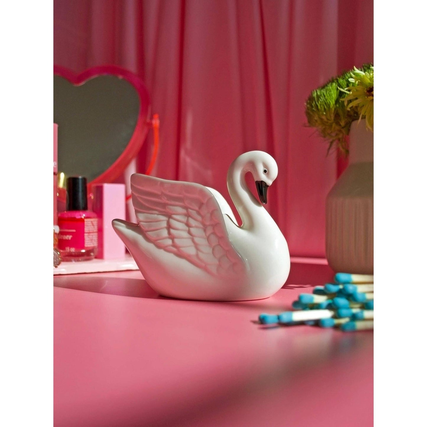 Swan Match Striker | Ceramic Swan Match Holder & Striker | Vintage Style Decor with Matches