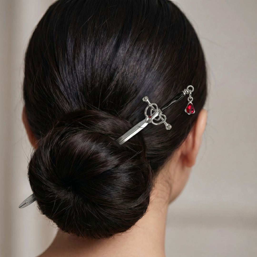 Sword Hair Stick with Jeweled Blood Drop | Silver Gothic Bun Pin or Letter Opener