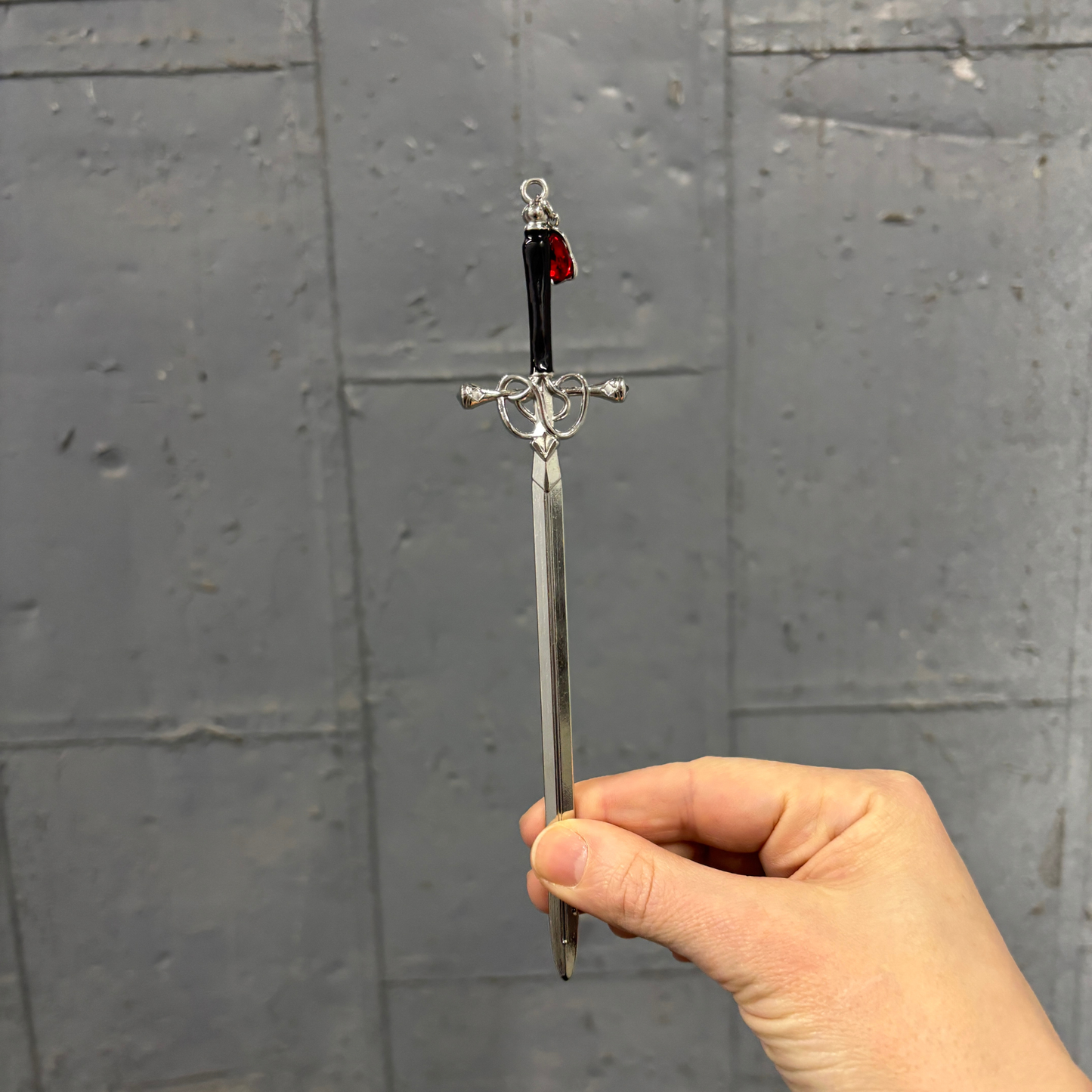 Sword Hair Stick with Jeweled Blood Drop | Silver Gothic Bun Pin or Letter Opener
