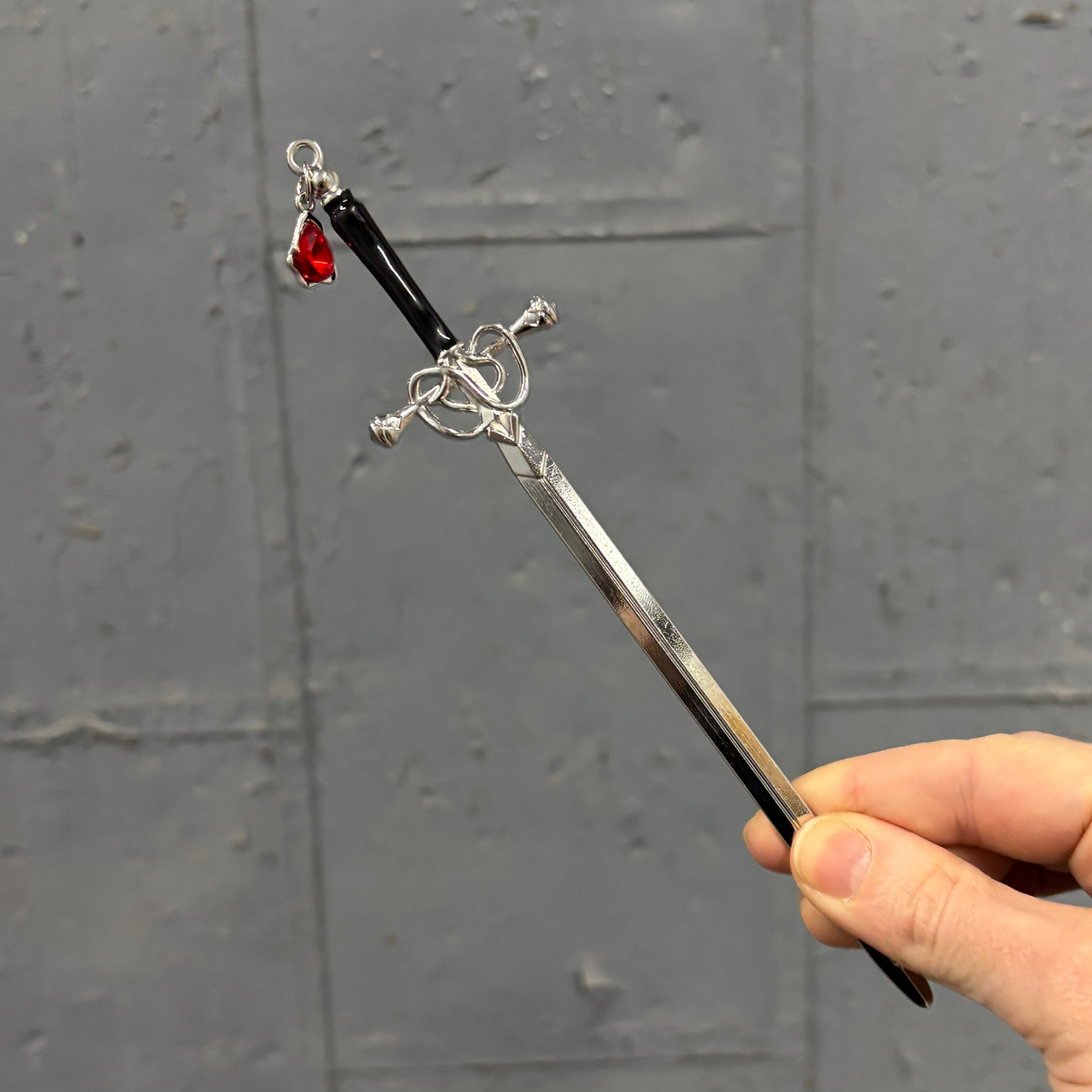 Sword Hair Stick with Jeweled Blood Drop | Silver Gothic Bun Pin or Letter Opener