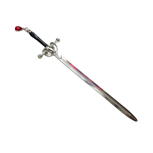 Sword Hair Stick with Jeweled Blood Drop | Silver Gothic Bun Pin or Letter Opener